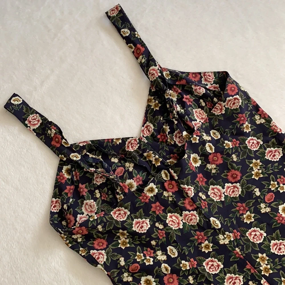 {NWT/VTG} Lingerie Cacique | Dark Floral Satin Pajama Sleep Romper Blue (S) - Picture 12 of 16